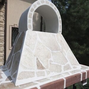 Petit barbecue de jardin traditionnel (charbon de bois/bois, 100x60x210 cm, 650 kg, pierre naturelle de Rhodes, brique)