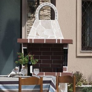 Petit barbecue de jardin traditionnel (charbon de bois/bois, 100x60x210 cm, 650 kg, pierre naturelle de Rhodes, brique)