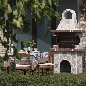 Petit barbecue de jardin traditionnel (charbon de bois/bois, 100x60x210 cm, 650 kg, pierre naturelle de Rhodes, brique)