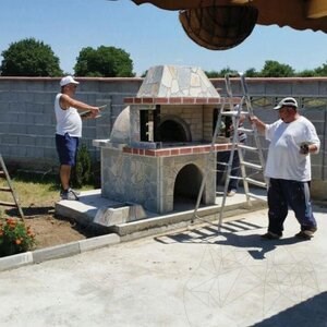 Gril + four traditionnel intégré (charbon de bois/bois, 208x120x155 cm, 1200 kg, pierre naturelle de Rhodes, brique)