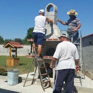 Gril + four traditionnel intégré (charbon de bois/bois, 208x120x155 cm, 1200 kg, pierre naturelle de Rhodes, brique)