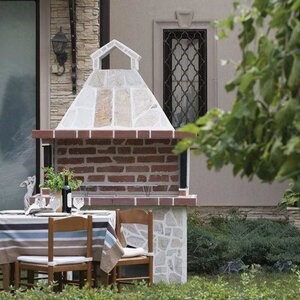 Grand barbecue de jardin traditionnel (charbon de bois/bois, 153x70x210 cm, pierre naturelle de Rhodes, brique)
