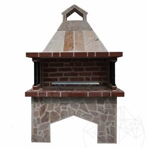 Grand barbecue de jardin traditionnel (charbon de bois/bois, 153x70x210 cm, pierre naturelle de Rhodes, brique)