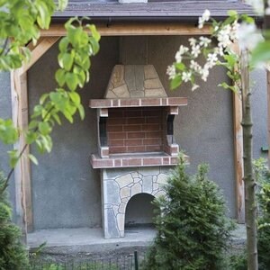 Petit barbecue de jardin traditionnel (charbon de bois/bois, 100x60x210 cm, 650 kg, pierre naturelle de Rhodes, brique)