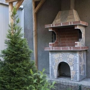 Petit barbecue de jardin traditionnel (charbon de bois/bois, 100x60x210 cm, 650 kg, pierre naturelle de Rhodes, brique)
