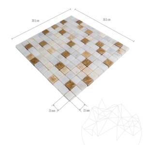 Mosaïque de marbre blanc Honey Onyx et de marbre poli Emperador, 2.3 x 2.3 cm