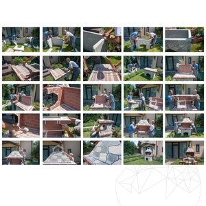 Grand barbecue de jardin traditionnel (charbon de bois/bois, 153x70x210 cm, pierre naturelle de Rhodes, brique)