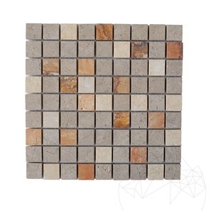 Travertin Peach/ Calcaire Astoria/Marbre Crema Royal, Mélange de mosaïques brossées, 3 x 3 cm