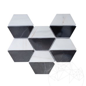 Mosaïque hexagonale en marbre poli noir et blanc, 20,2 x 28,6 cm
