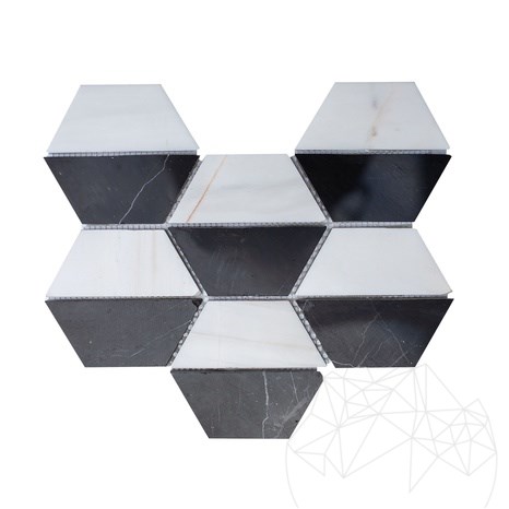 Mosaïque hexagonale en marbre poli noir et blanc, 20,2 x 28,6 cm