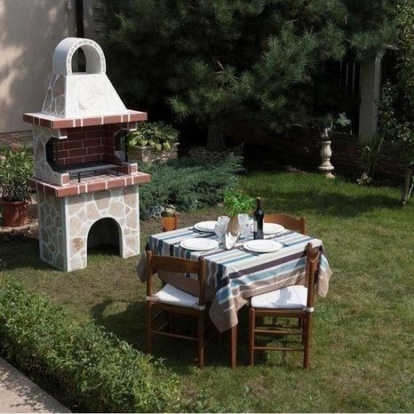 Petit barbecue de jardin traditionnel (charbon de bois/bois, 100x60x210 cm, 650 kg, pierre naturelle de Rhodes, brique)