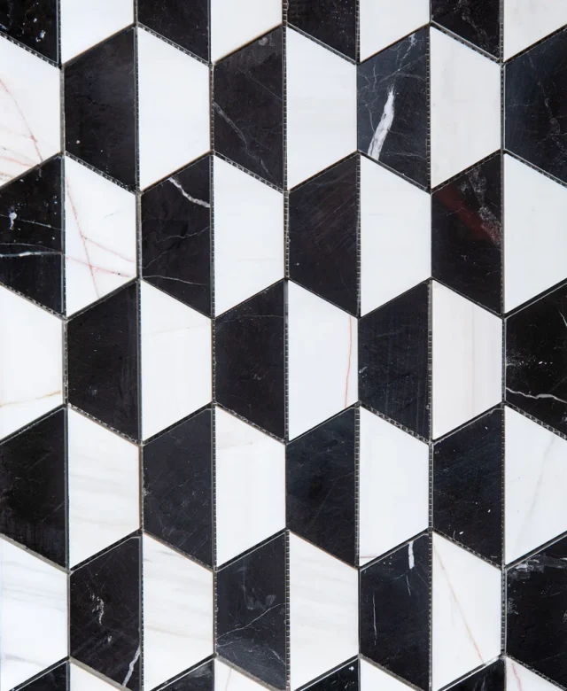 Mosaïque hexagonale en marbre poli noir et blanc, 20,2 x 28,6 cm
